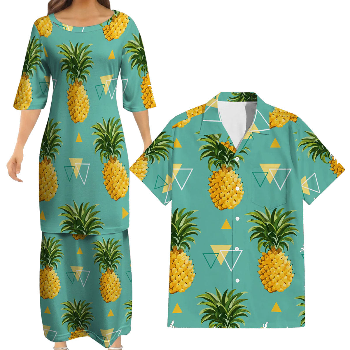 Vintage Polynesian Pineapple Tropical Island Puletasi Dress And Hawaiian Shirt For Her Him