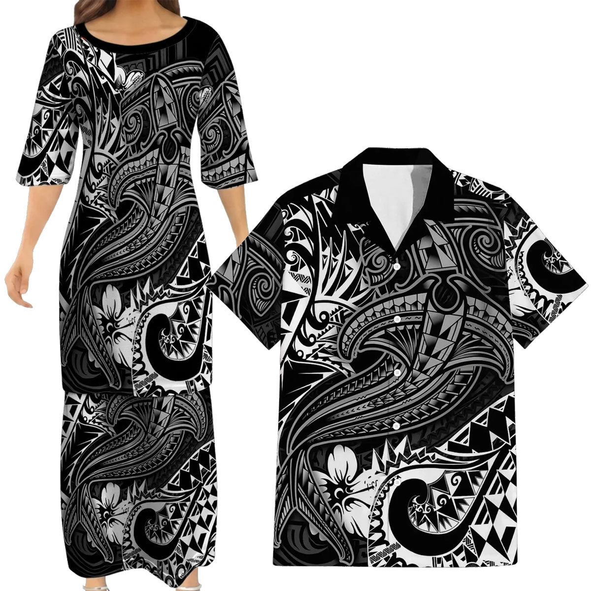 Polynesian Tribal Hammer Shark Pattern Black Matching Outfit For Couple Island Puletasi Dress And Hawaiian Shirt For Her Him