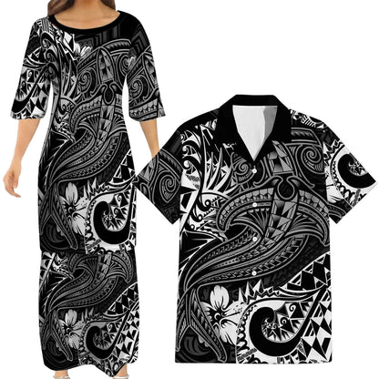 Polynesian Tribal Hammer Shark Pattern Black Matching Outfit For Couple Island Puletasi Dress And Hawaiian Shirt For Her Him