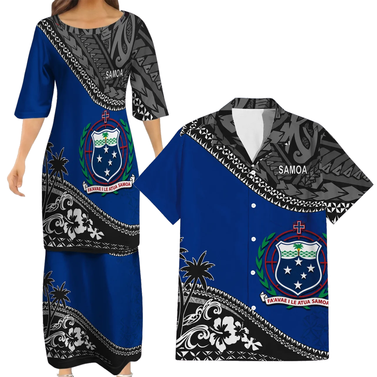 Samoa Coat Of Arms Couple Outfit Matching Polynesian Tribal Hibiscus Flowers Pattern Dress And Hawaiian Shirt For Her Him