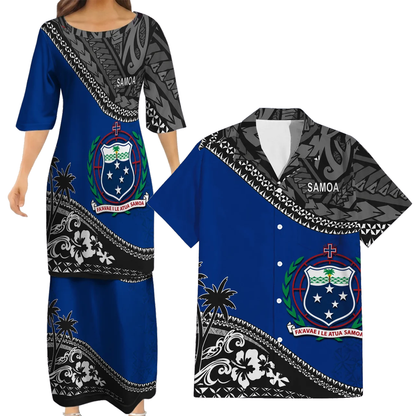 Samoa Coat Of Arms Couple Outfit Matching Polynesian Tribal Hibiscus Flowers Pattern Dress And Hawaiian Shirt For Her Him
