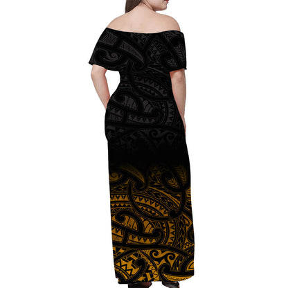 Custom Personalised New Zealand Off Shoulder Long Dress Maori Pattern Gold