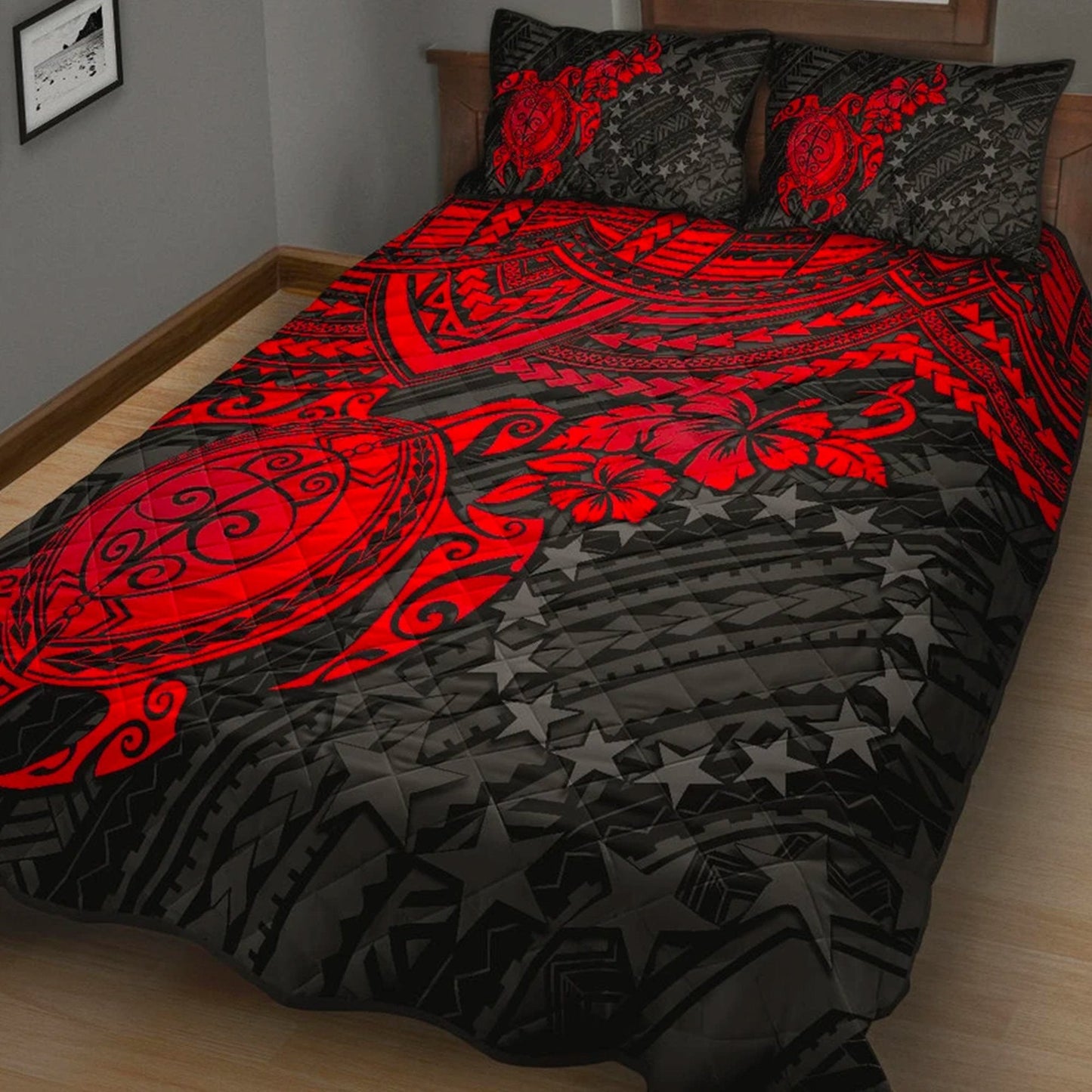 Cook Islands Polynesian Quilt Bed Set Cook Islands Flag & Red Turtle Hibiscus