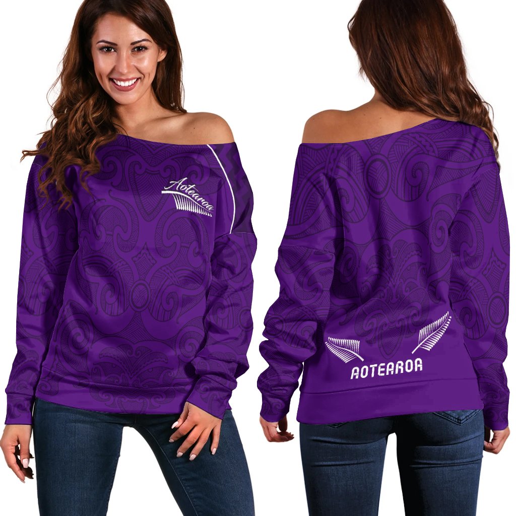 Maori 2021 Off Shoulder Sweater Purple Aotearoa Tattoo