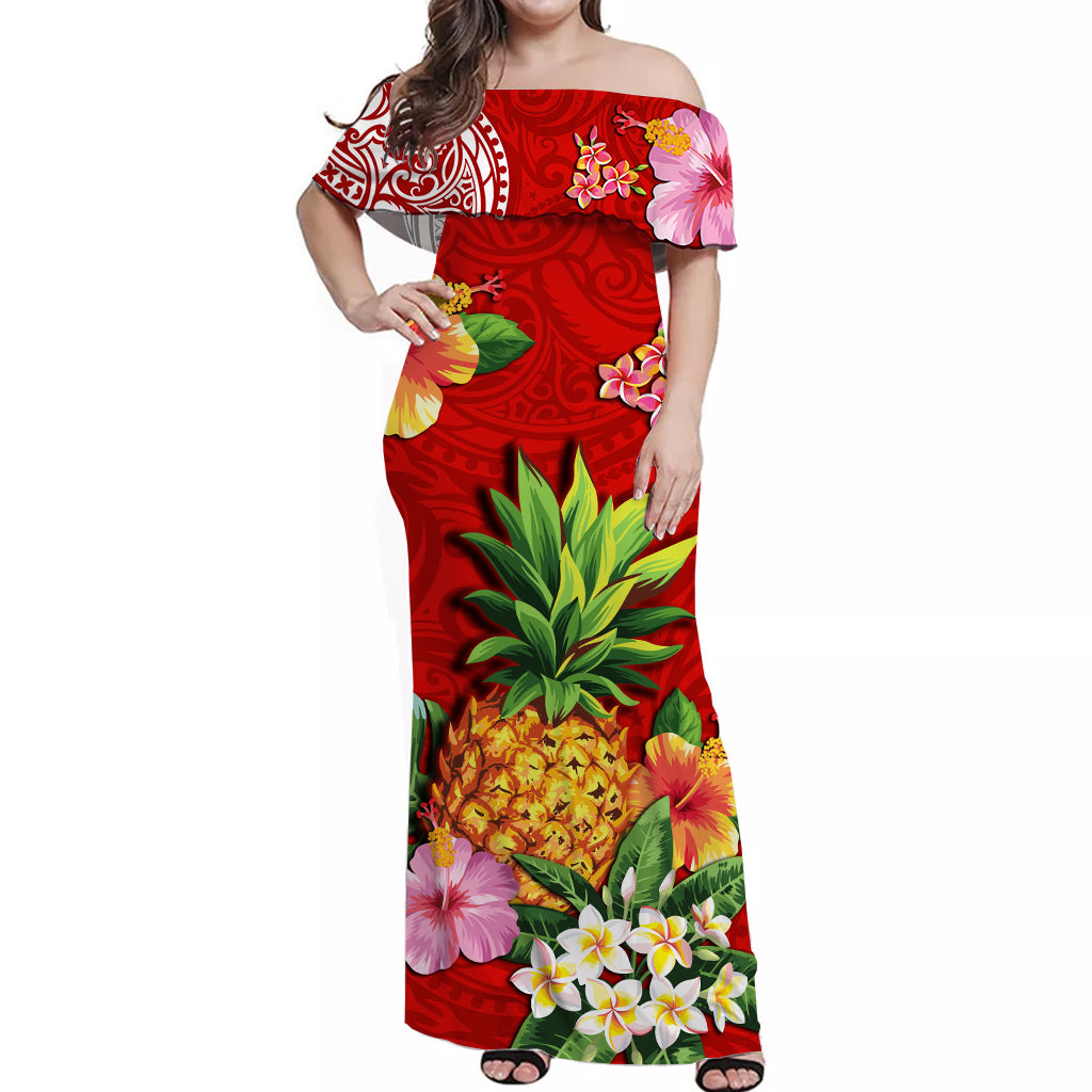 Hawaii Off Shoulder Long Dress Red Polynesia Pineapple