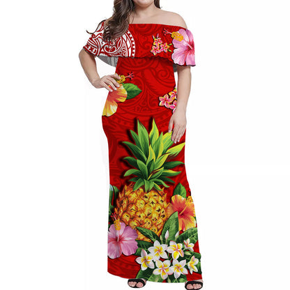 Hawaii Off Shoulder Long Dress Red Polynesia Pineapple