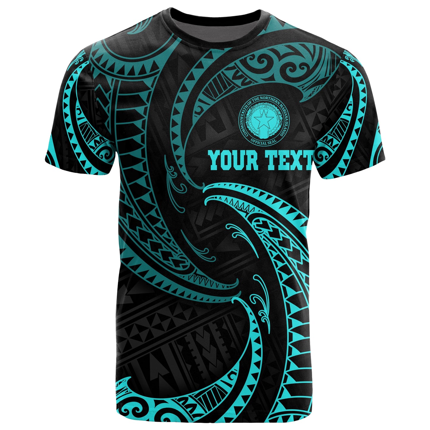 Northern Mariana Islands Polynesian Custom Personalised T - Shirt - Neon Blue Tribal Wave