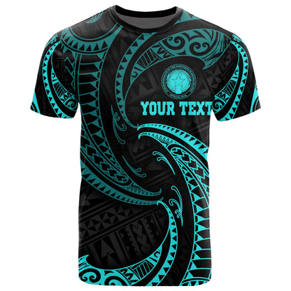 Northern Mariana Islands Polynesian Custom Personalised T - Shirt - Neon Blue Tribal Wave
