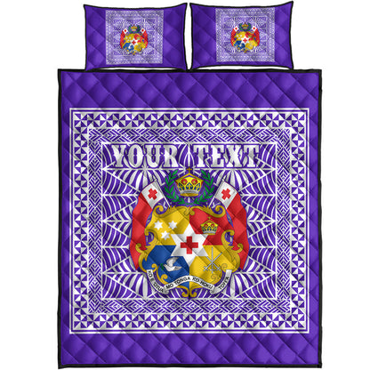 (Custom Personalised) Tonga Pattern Quilt Bed Set Coat of Arms Purple and White
