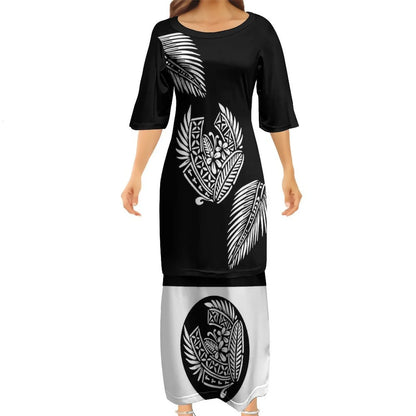 Black Tropical Polynesian Traditional Tribal Couple Set Puletasi Dress Two-Piece Suit With Men's Shirt Blue Matching Outfit For Couple