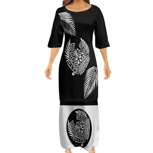 Black Tropical Polynesian Traditional Tribal Couple Set Puletasi Dress Two-Piece Suit With Men's Shirt Blue Matching Outfit For Couple