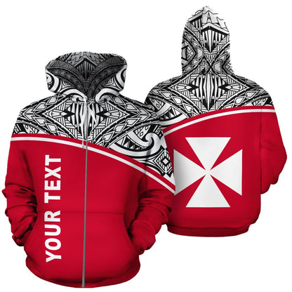 Custom Text Wallis and Futuna Polynesian Personalised Custom Zip-Up Hoodie Red Curve