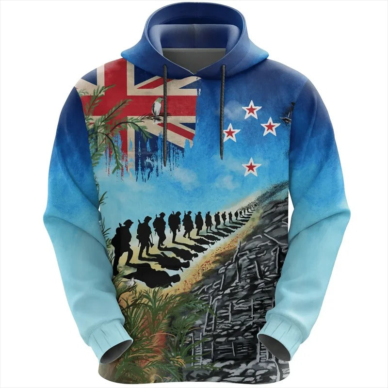 New Zealand Hoodie NZ Soldier Silver Fern Pattern Unisex Blue Zip Hoodie