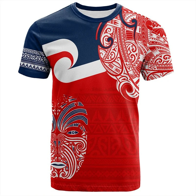 New Zealand Maori Rugby Ball Printed T Shirt Polynesian NZ 3D Unisex Red Tee