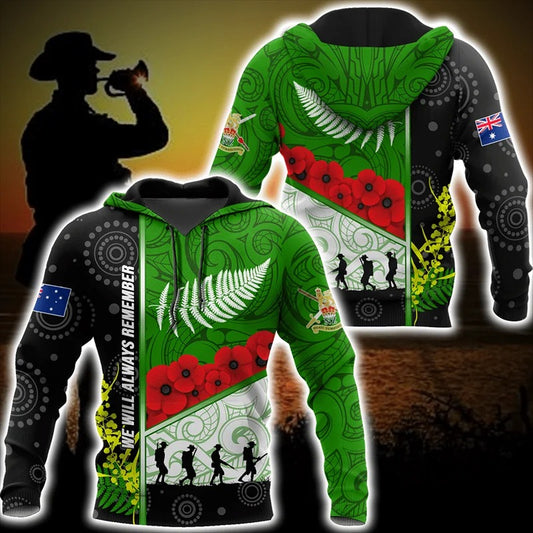 New Zealand Hoodie NZ Soldier Silver Fern We Will Always Remember Unisex Blue Zip Hoodie
