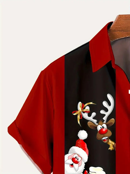 Men's Festive Christmas Santa Shirt - Funny Christmas Casual Short-Sleeve with Snowman & Santa Print Hawaiian Shirt For Him
