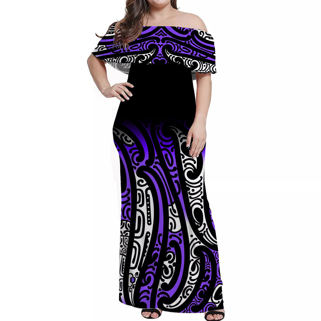 New Zealand Off Shoulder Long Dress Maori NZ Unique Purple
