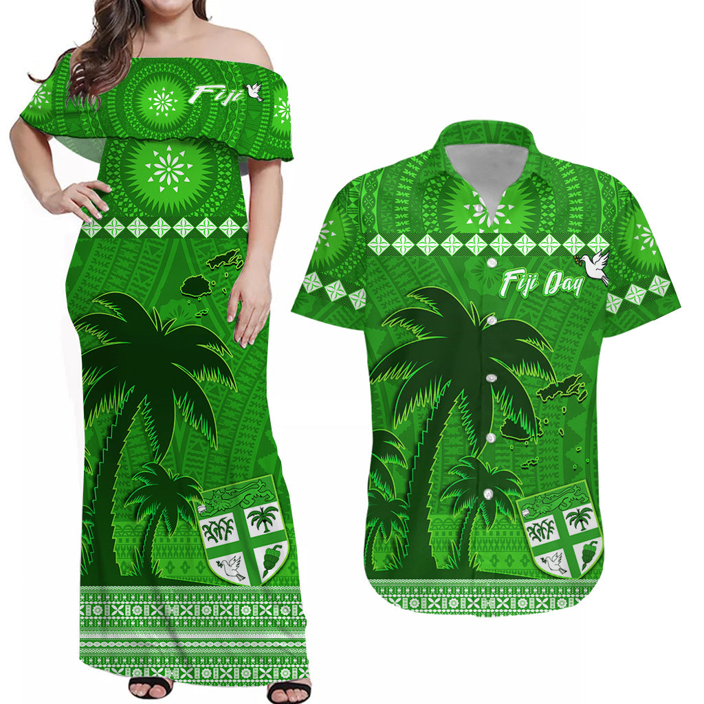 (Custom Personalised) Bula Fiji Matching Outfit For Couple Combo Dress and Hawaiian Shirt Fijian Tapa with Palm Tree Green
