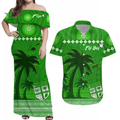 (Custom Personalised) Bula Fiji Matching Outfit For Couple Combo Dress and Hawaiian Shirt Fijian Tapa with Palm Tree Green