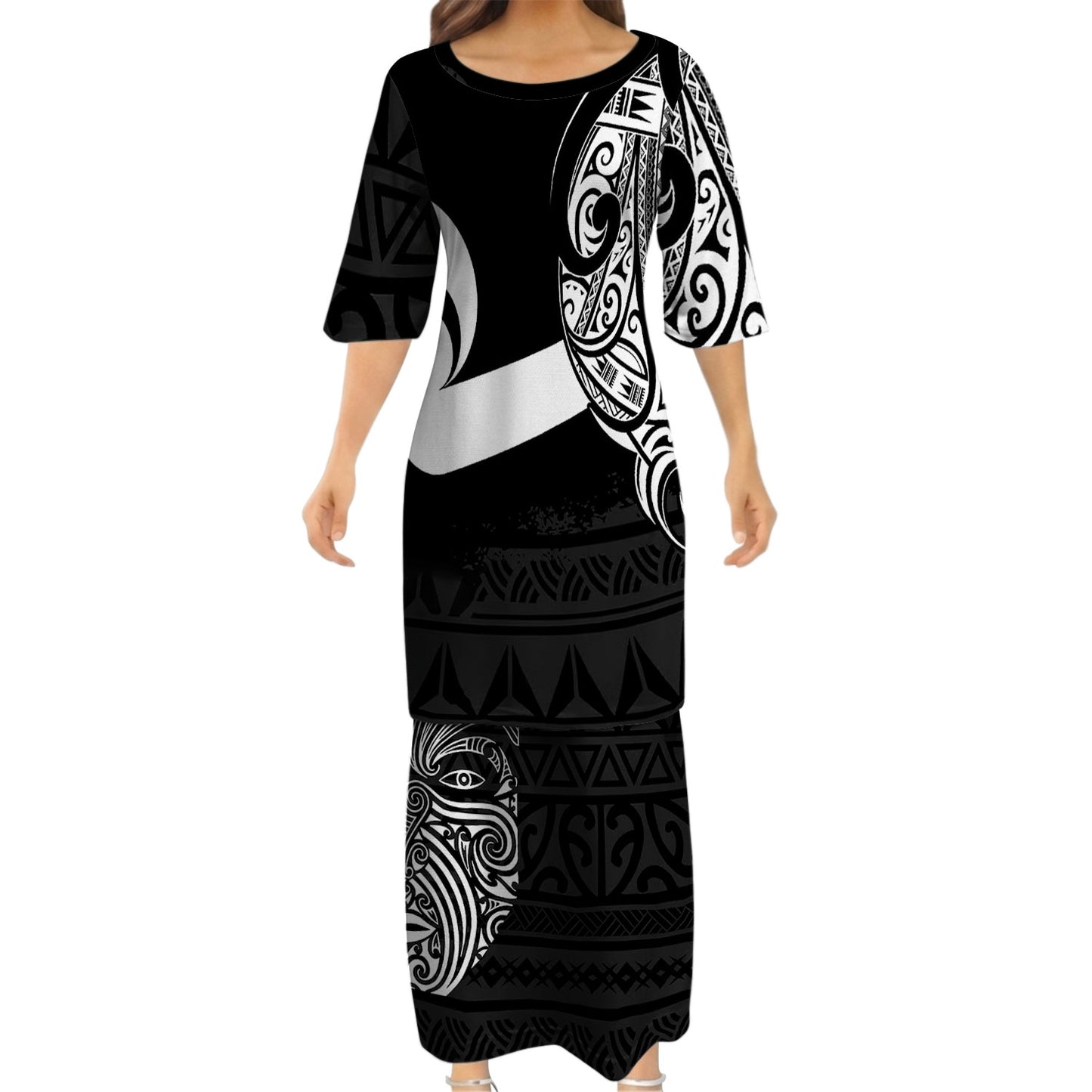 Polynesian New Zealand Matching Outfit For Couple Mask Puletasi Dress And Hawaiian Shirt For Her Him