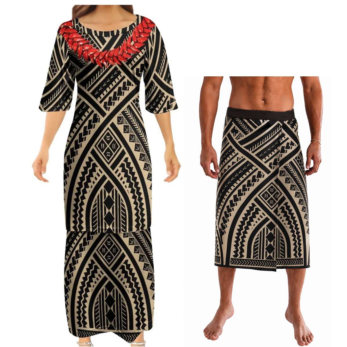 Polynesian Tribal Pattern Couple Outfit Matching Island Samoan Necklace Dress And Lavalava