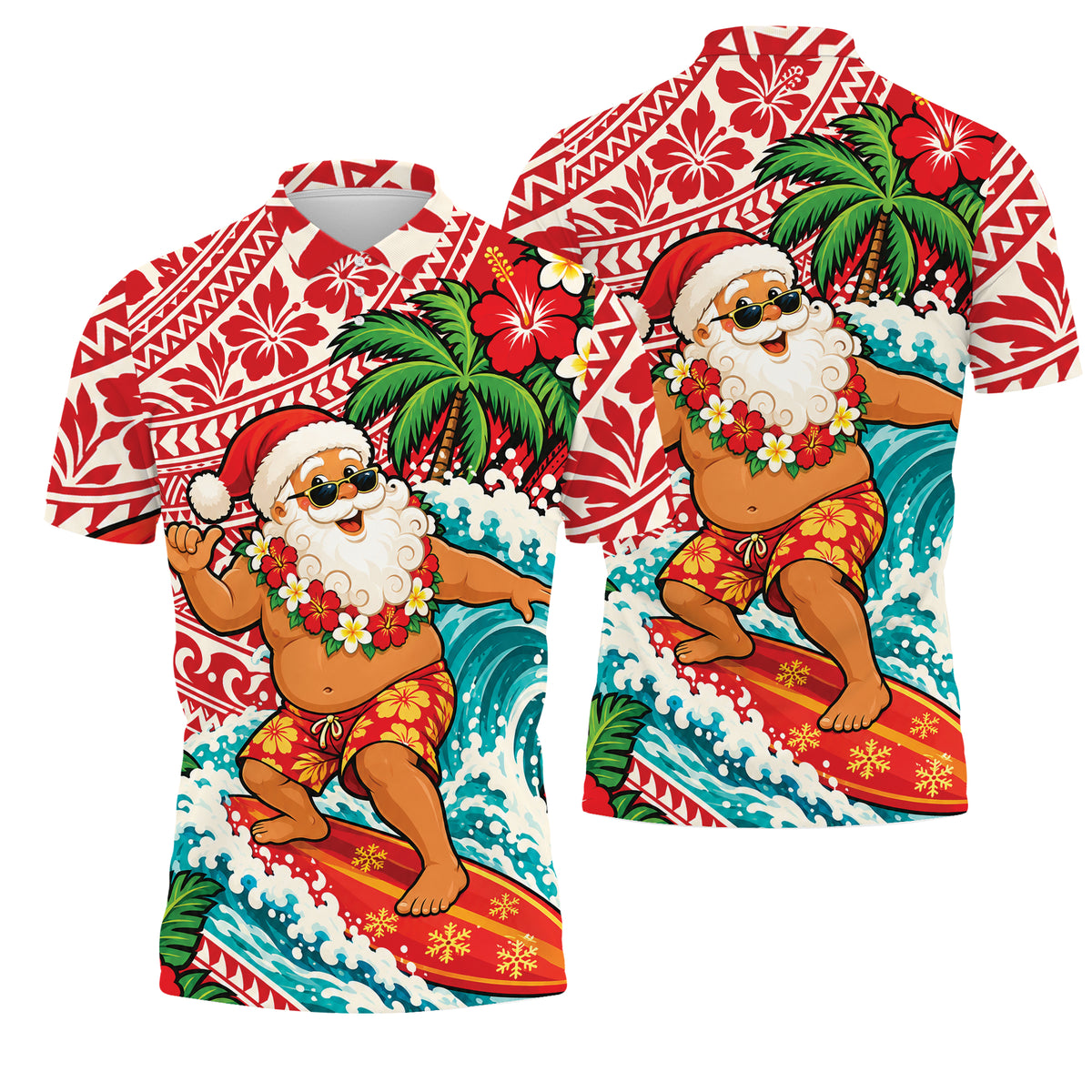 Funny Santa Surfing Shirt Polynesian Tribal Christmas Polo Shirt