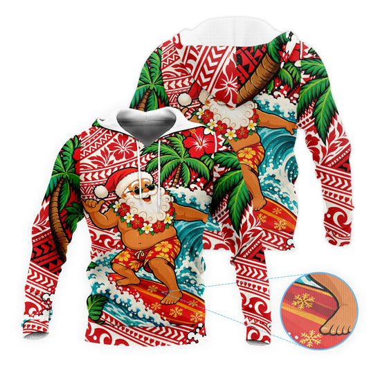 Funny Santa Surfing Hoodie Polynesian Tribal Christmas Zip Hoodie