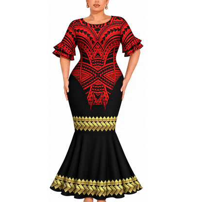 Polynesian Tribal Pattern Couple Matching Outfit Island Short Sleeve Mermaid Long Dress And Shirt