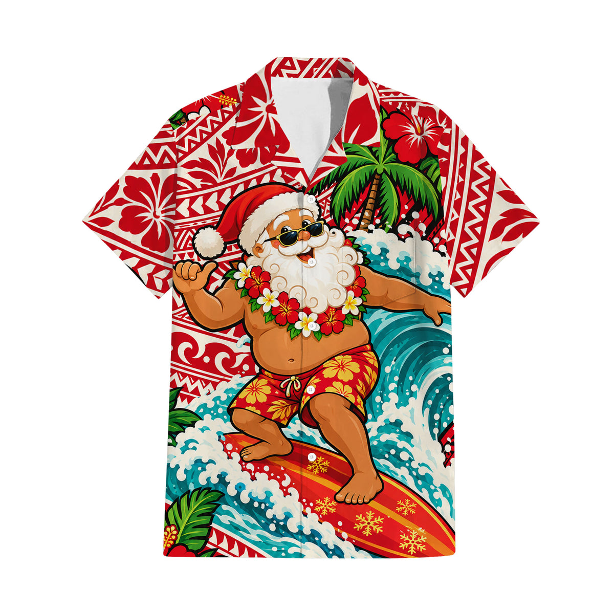 Funny Santa Surfing Couple Set Polynesian Tribal Christmas Matching Outfit Island Short Sleeve Mermaid Long Dress And Shirt
