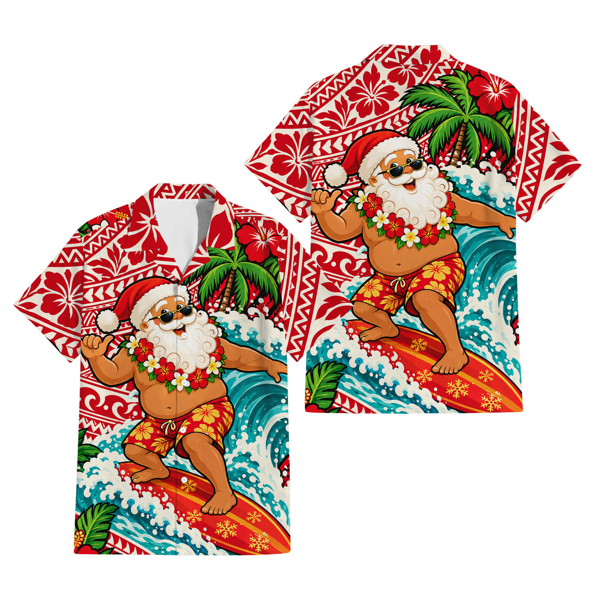 Funny Santa Surfing Couple Set Polynesian Tribal Christmas Matching Outfit Island Short Sleeve Mermaid Long Dress And Shirt
