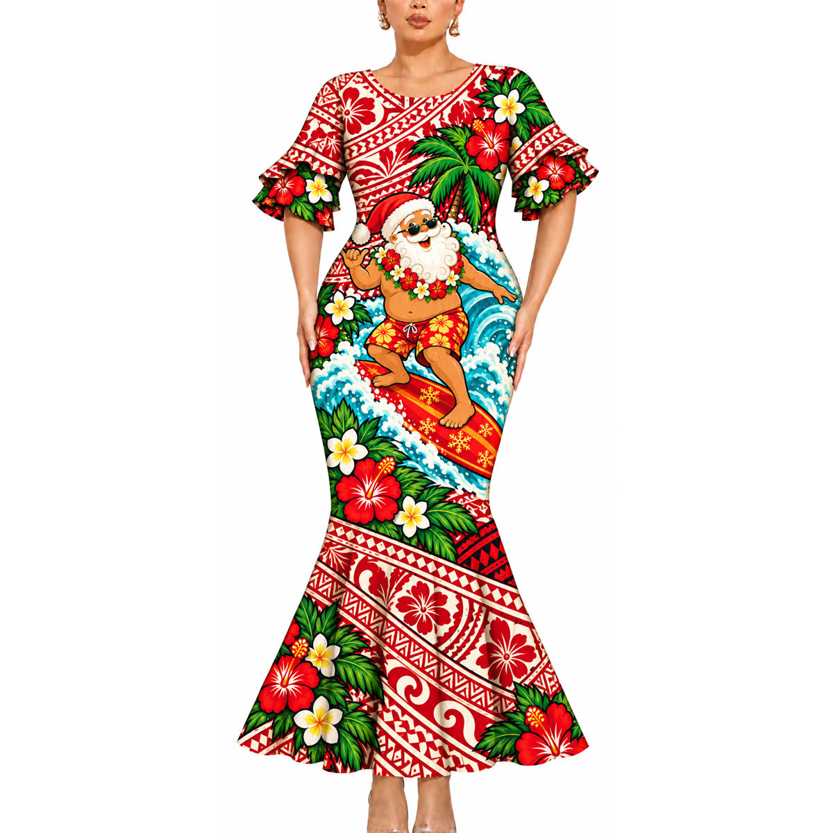 Funny Santa Surfing Couple Set Polynesian Tribal Christmas Matching Outfit Island Short Sleeve Mermaid Long Dress And Shirt