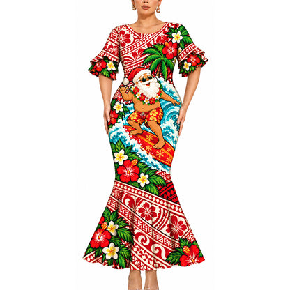 Funny Santa Surfing Couple Set Polynesian Tribal Christmas Matching Outfit Island Short Sleeve Mermaid Long Dress And Shirt