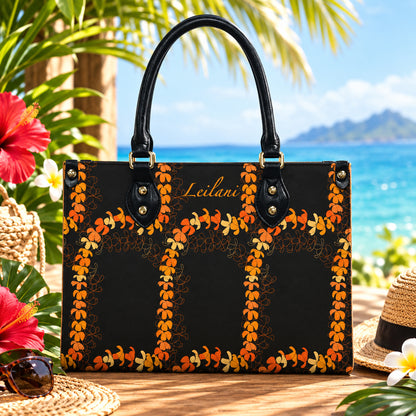 Custom Name Puakenikeni Hawaiian Flower Lei Black Leather Handbag
