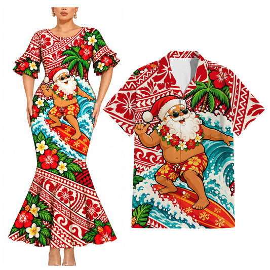 Funny Santa Surfing Couple Set Polynesian Tribal Christmas Matching Outfit Island Short Sleeve Mermaid Long Dress And Shirt