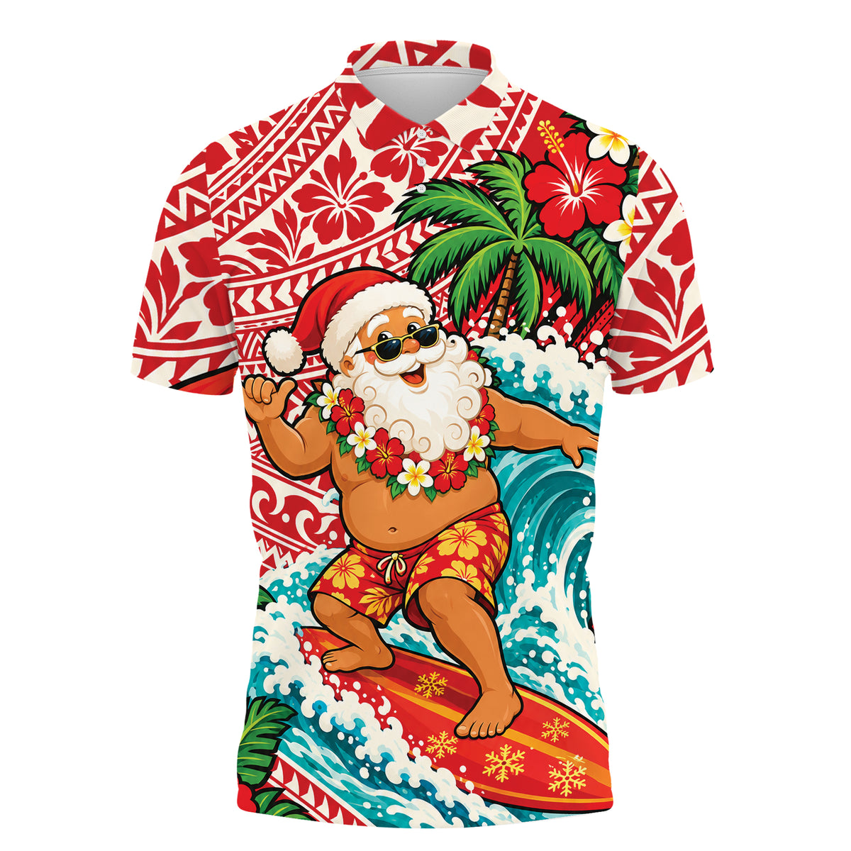 Funny Santa Surfing Shirt Polynesian Tribal Christmas Polo Shirt