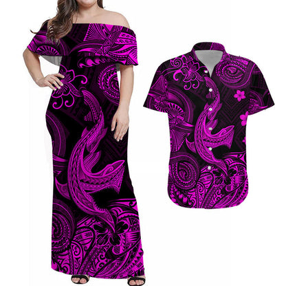 Hawaii Angry Shark Polynesian Combo Dress and Hawaiian Shirt Matching Couples Outfit Unique Style Pink