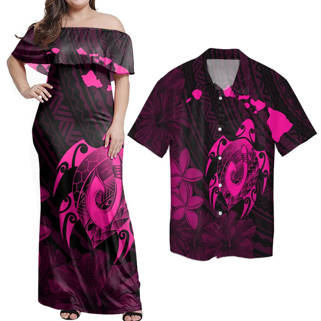 Matching Hawaiian Outfits Combo Dress And Shirt Hawaiian Map Turtle Plumeria Hibiscus Fish Hook Polynesian Pink
