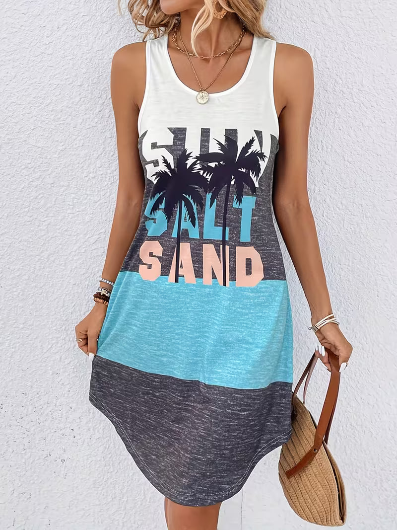 Sun Salt Sand Round Neck High Stretch Dress Tropical Tank Dress Beach Women's Clothing
