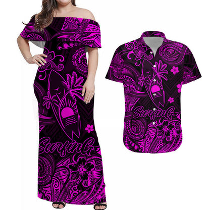 Hawaii Surfing Polynesian Combo Dress and Hawaiian Shirt Matching Couples Outfit Unique Style Pink