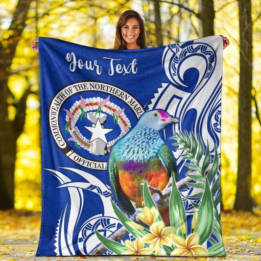 Custom Personalised Northern Mariana Islands Premium Blanket Mariana Fruit Dove Mix Frangipani Flowers Blue