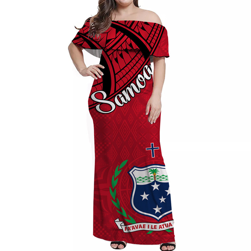 Samoa Siapo Off Shoulder Long Dress Sporty Mix Barkcloth Panel Version Red