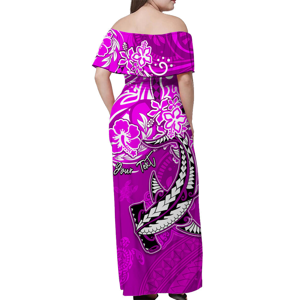 Custom Personalised Hawaii Off Shoulder Long Dress Polynesia Pink Sea Turtle Honu and Hammerhead Shark