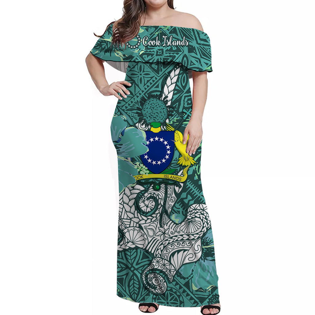 Cook Islands Off Shoulder Long Dress Hammerhead Shark Blue