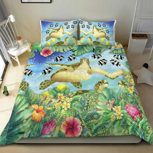 Hawaii Bedding Set Flowers Tropical and Turtles
