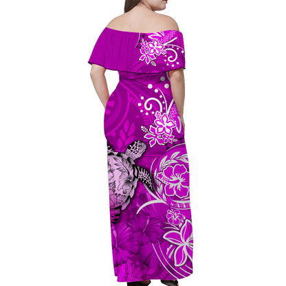 Custom Personalised Hawaii Off Shoulder Long Dress Polynesia Pink Sea Turtle Honu and Hibiscus