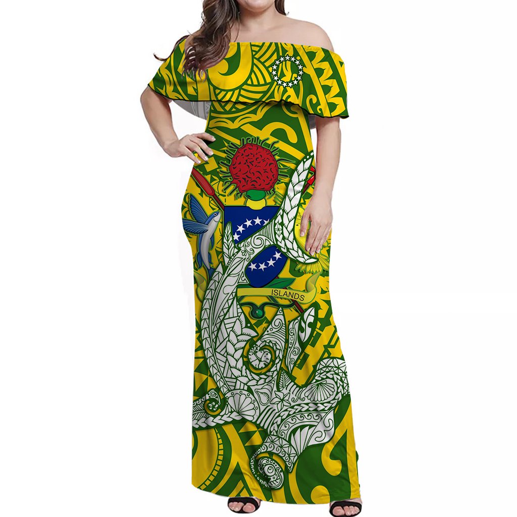 Cook Islands Off Shoulder Long Dress Hammerhead Shark White