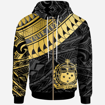 Custom Text Samoa Hoodie Personalised Samoa Ginger Lei Polynesian Pattern Gold Zip Up Hoodie