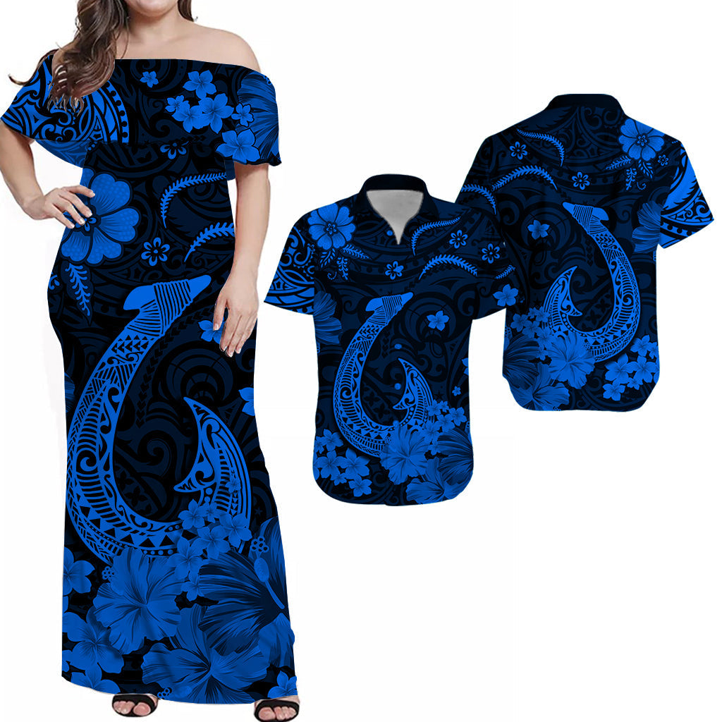 Polynesian Couple Outfits Hawaii Combo Dress and Hawaiian Shirt Polynesia Blue Fish Hook