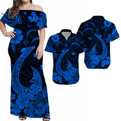Polynesian Couple Outfits Hawaii Combo Dress and Hawaiian Shirt Polynesia Blue Fish Hook