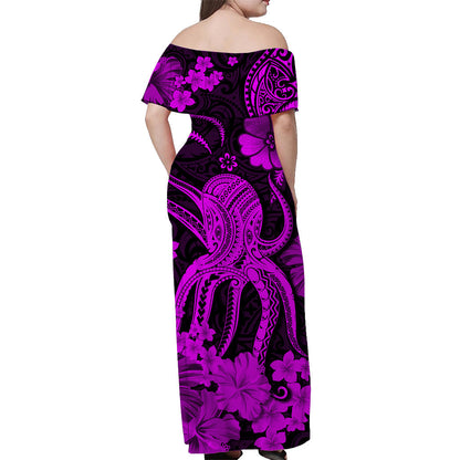 Hawaii Off Shoulder Long Dress Polynesia Purple Octopus